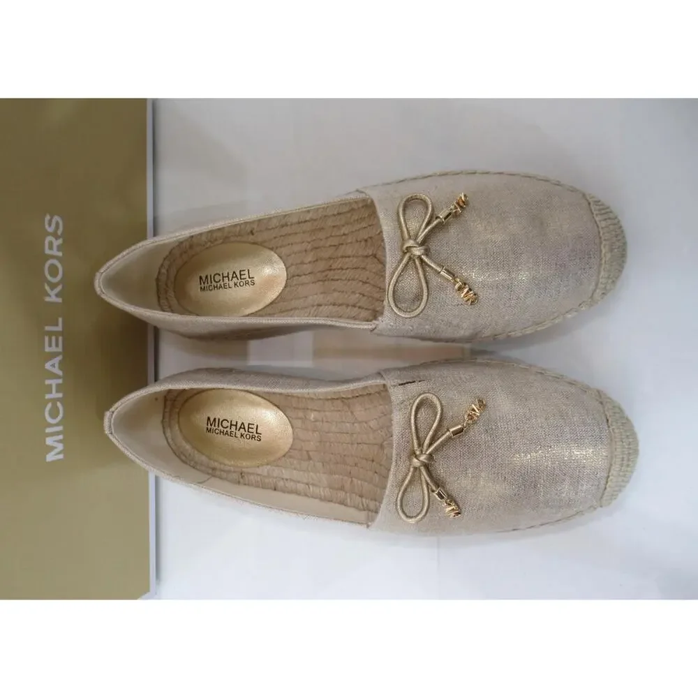 Michael Kors Nori Slip On Size 7 Espadrille MK Logo Metallic Linen Pale Gold